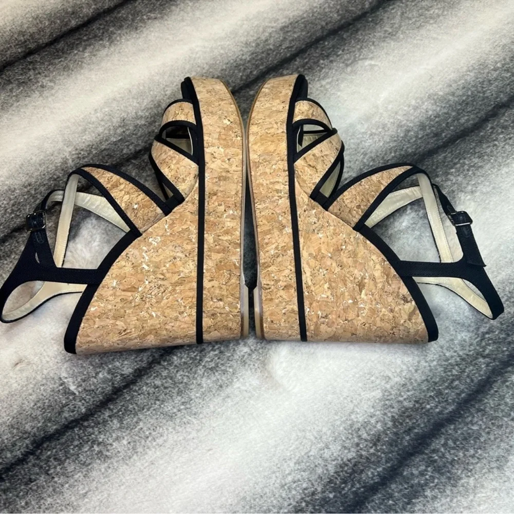 Jimmy Choo Alissa 120 mm Natural Black Cork Grosgrain Wedge Platform Heels